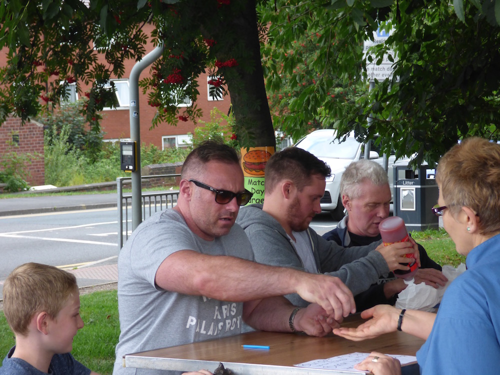 Hungry football fans buying the Church's delicious food