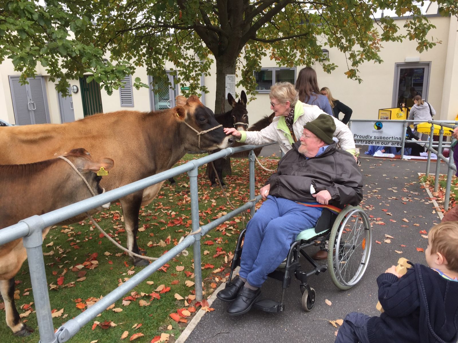 A man and woman getting very close to one of the cows at the Show